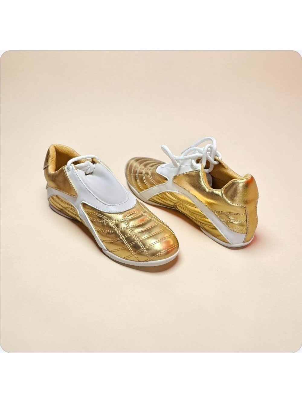 Gold & White Athletic Sneakers With Quilted Design & Lace-Up Closure - Picture 9 of 14